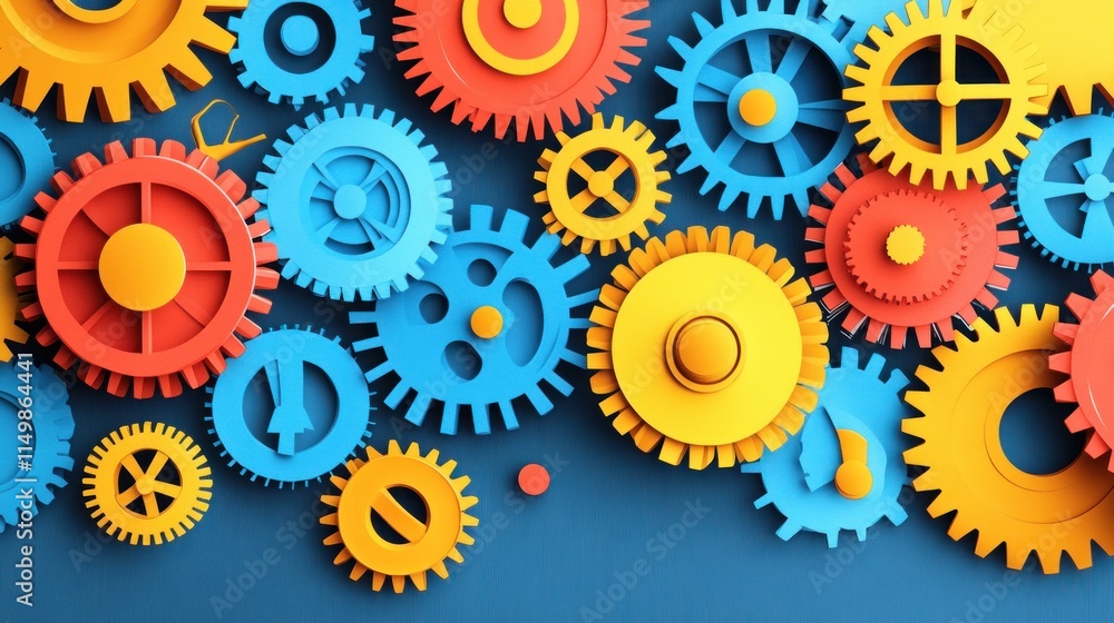 Colorful interlocking gears on a dark background, symbolizing teamwork, mechanics, and collaboration. Colorful interlocking gears on a dark background, symbolizing teamwork, mechanics, and collaboration.