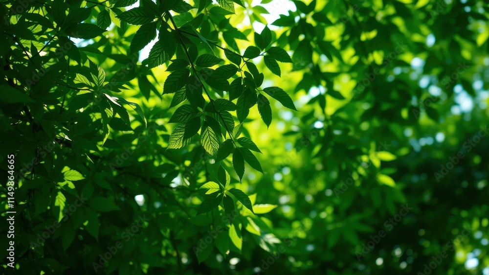 Lush green foliage, vibrant leaves bathed in sunlight, creating a serene and peaceful natural scene.