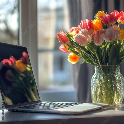 workspace featuring a laptop in focus, complemented by a colorful yet blurred vase of spring flowers in the background