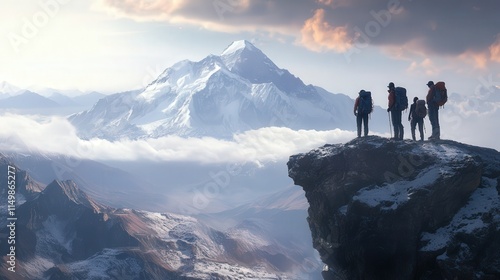 hikers standing together on a rocky ledge, looking out over the vast expanse of the Himalayas and the snow-capped peak of Mount Everest in the distance