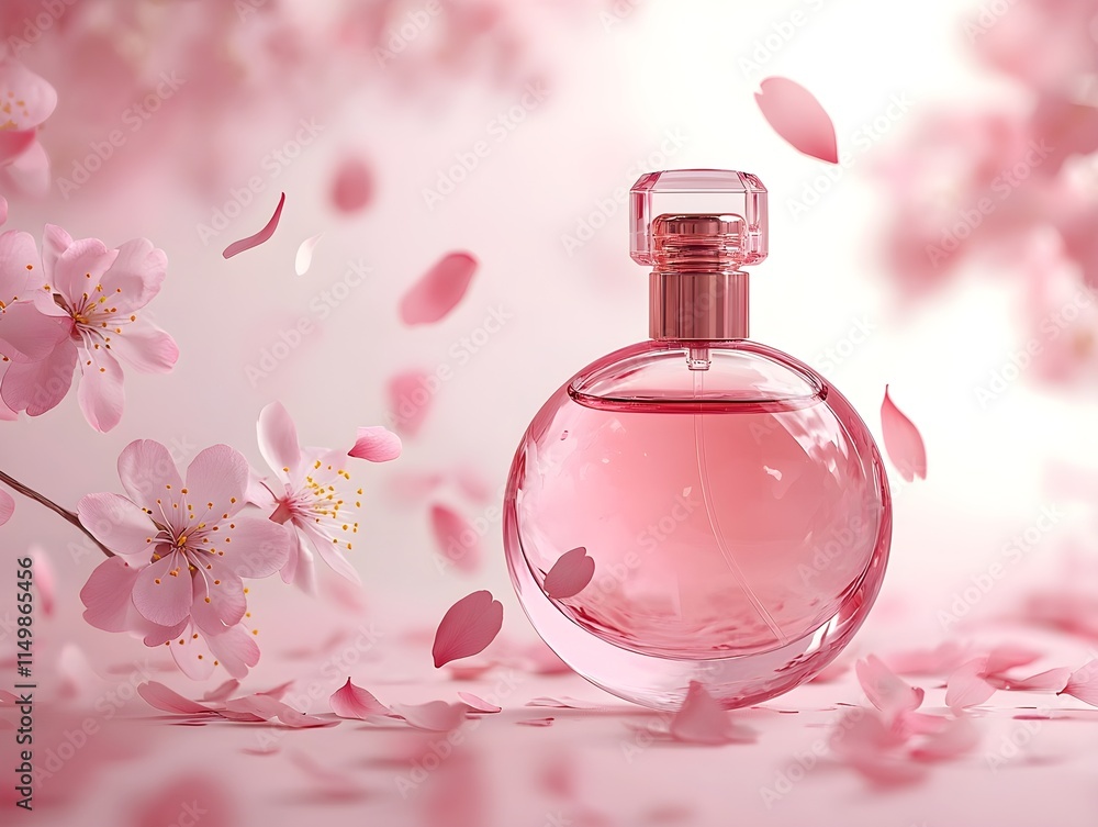 A pink perfume bottle mockup with cherry blossoms and falling petals on a pastel background, perfect for spring themes A pink perfume bottle mockup with cherry blossoms and falling petals on a pastel background, perfect for spring themes