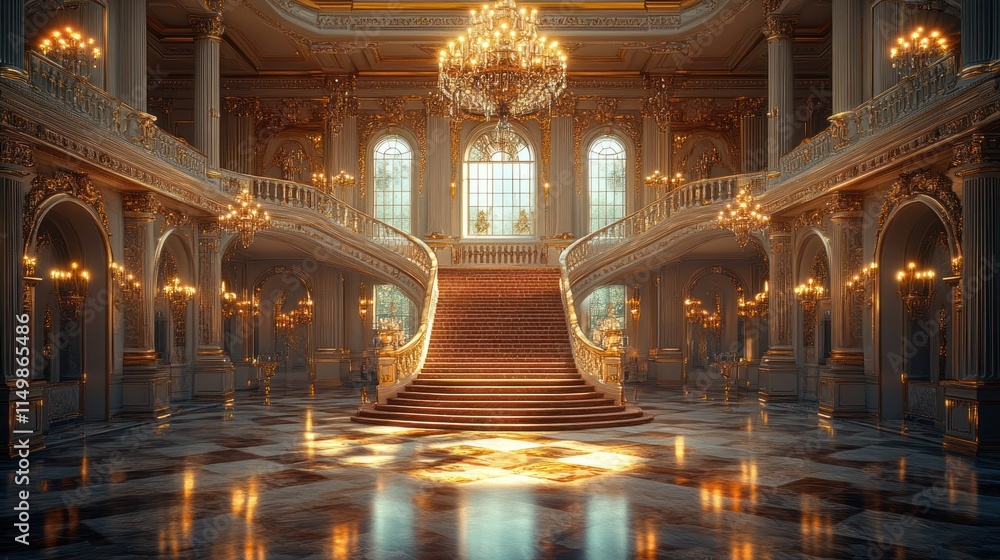 Obraz premium Grand palace, opulent staircase, golden details.