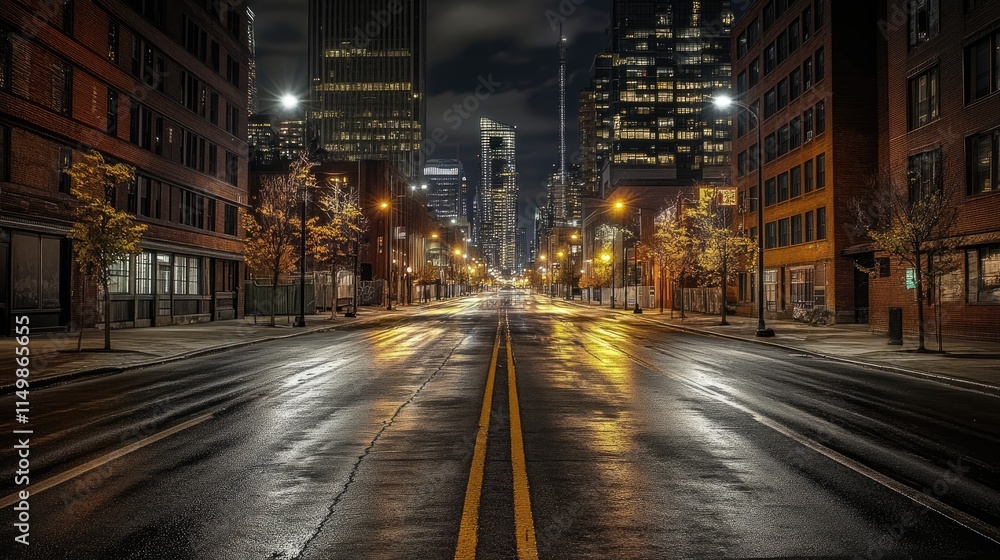 A dark empty city street at night with skyscrapers on either side and moody lighting captured in hyper-realistic photography. A dark empty city street at night with skyscrapers on either side and moody lighting captured in hyper-realistic photography.