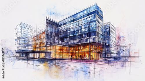 Wallpaper Mural Large modern hospital building, pencil sketch and blueprint .3D illustration of a modern minimalist coffee shop landscape.
 Torontodigital.ca