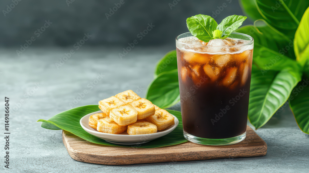 Refreshing Thai style iced coffee served with sweet banana snacks, surrounded by lush green leaves Refreshing Thai style iced coffee served with sweet banana snacks, surrounded by lush green leaves