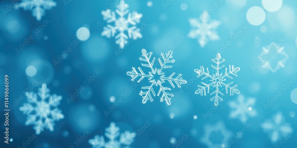 A serene winter scene featuring delicate snowflakes on a soft blue background with bokeh effect A serene winter scene featuring delicate snowflakes on a soft blue background with bokeh effect