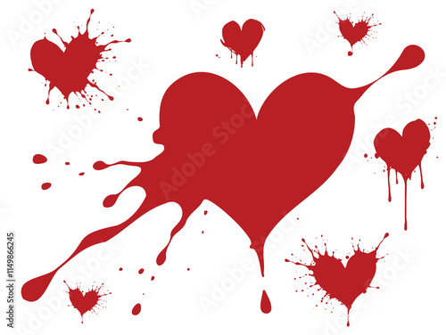 Abstract Red Splatter Hearts on White Background. Set of Heart splash clipping path