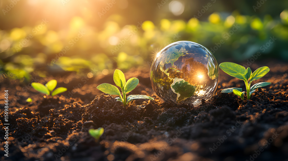 Growing green nurturing plants with a crystal ball reflection in nature's soil at sunrise Growing green nurturing plants with a crystal ball reflection in nature's soil at sunrise