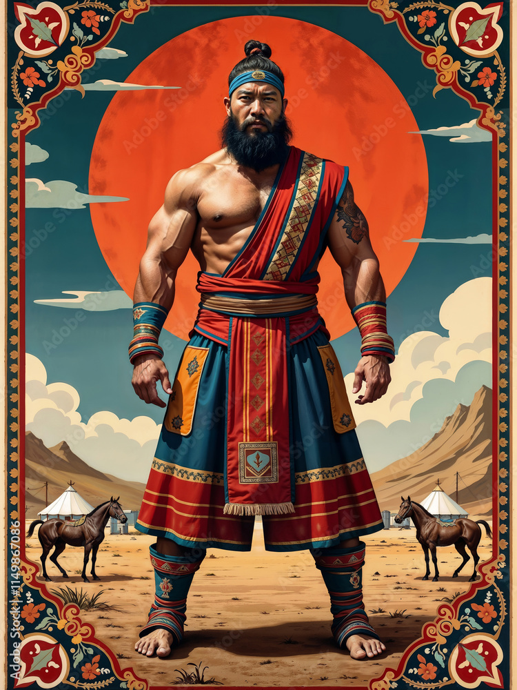 Obraz premium Mongolian warrior in the desert against the background of the sun. Illustration incorporates elaborate designs and symbolic elements emblematic of the Mongolian landscape and traditional Mongolian art