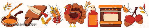 ThanksgivingA turkey is shown in the middle of the image. There is a knife next to it, and a bottle of sauce is also present_ADOBE