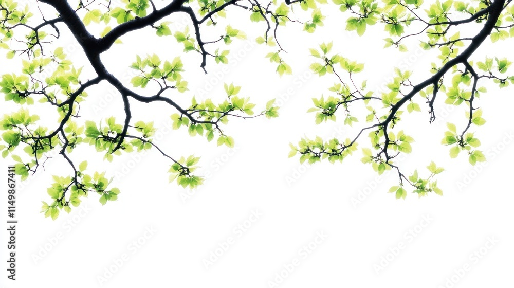 Lush green tree branches with young leaves against a white background. Lush green tree branches with young leaves against a white background.