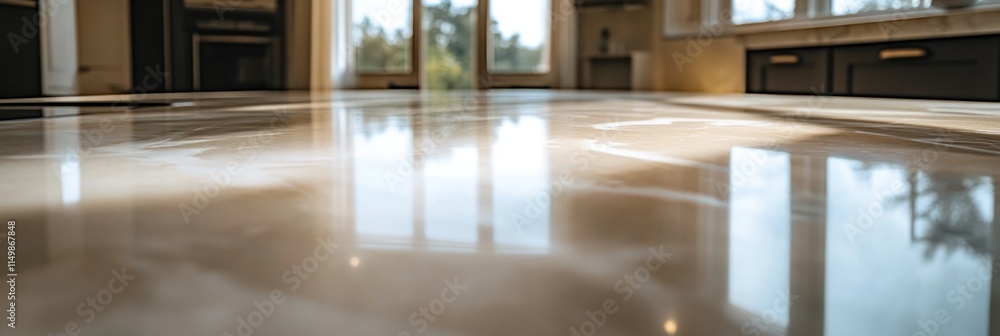 Fototapeta premium Polished concrete floor reflecting kitchen and window.