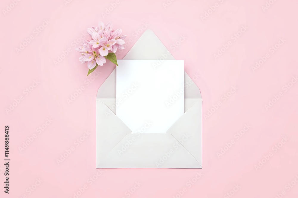 Invitation or greeting card mockup with envelope, hydrangea and gypsophila flowers. Blank card mockup on pink background Invitation or greeting card mockup with envelope, hydrangea and gypsophila flowers. Blank card mockup on pink background