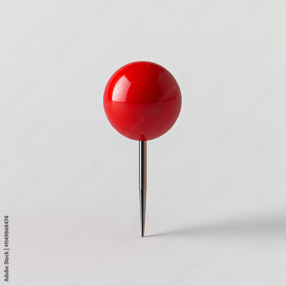 shiny red pushpin with a metallic needle, standing upright on a white background. The design is clean, modern, and sleek, focusing on simplicity and geometry shiny red pushpin with a metallic needle, standing upright on a white background. The design is clean, modern, and sleek, focusing on simplicity and geometry