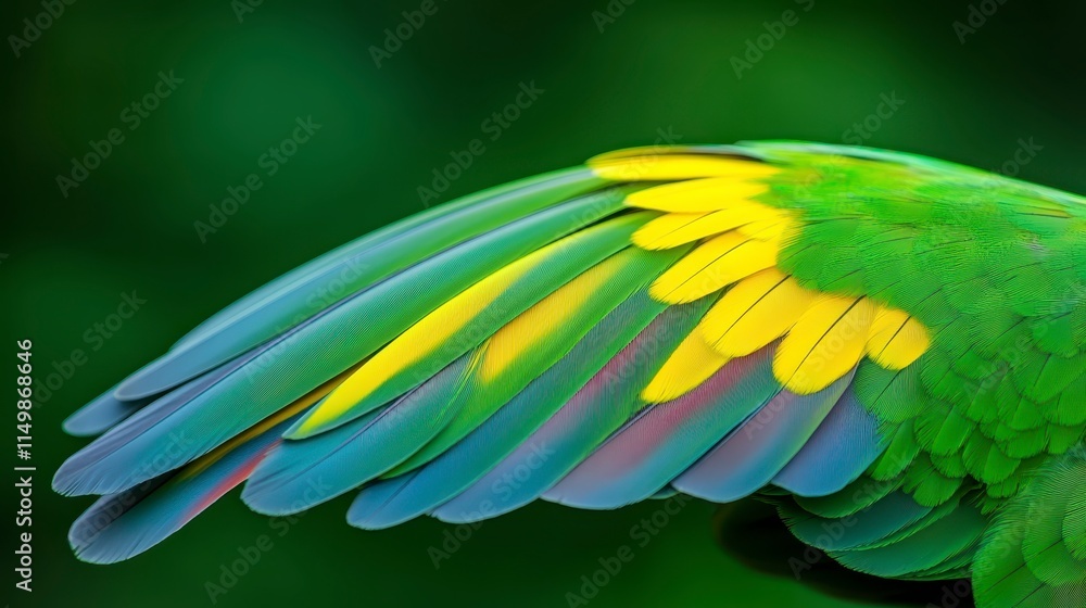 Obraz premium A vibrant parrot's wing showcasing stunning green and yellow feathers against a blurred green background.