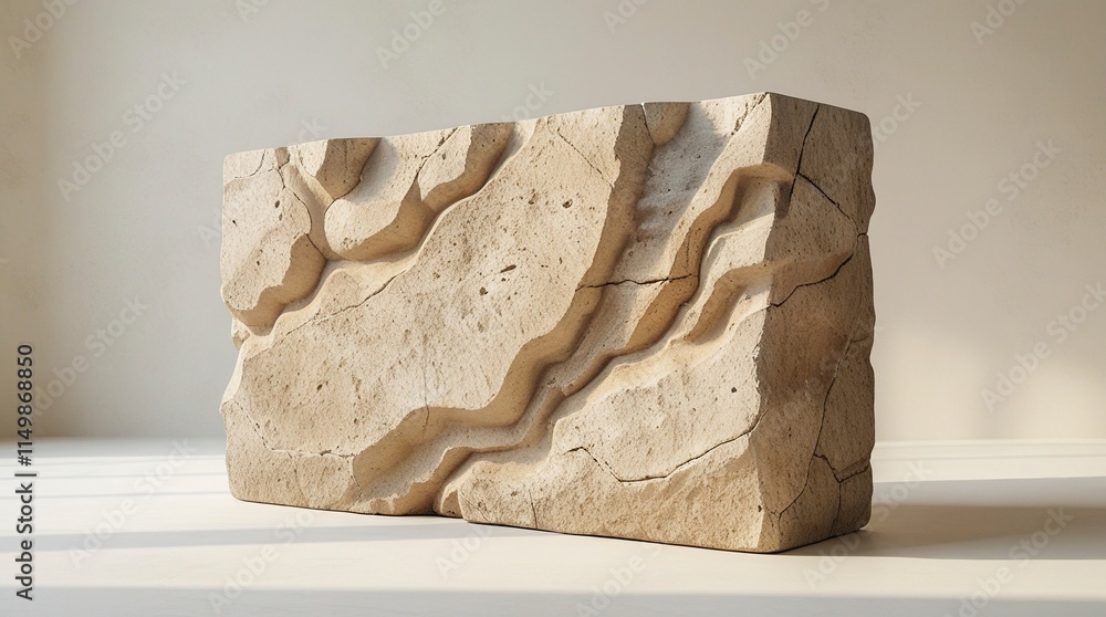 A solitary, imposing limestone block, worn by time, with intricate networks of weathering marks, cracks, and rough, organic textures, showcasing muted, earthy beige tones,generative ai A solitary, imposing limestone block, worn by time, with intricate networks of weathering marks, cracks, and rough, organic textures, showcasing muted, earthy beige tones,generative ai