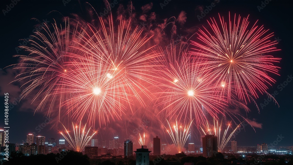 Obraz premium Vibrant fireworks over a city skyline at night.