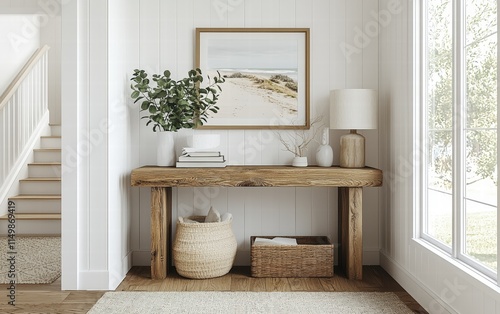 Modern console table in a bright entryway with simple decor and natural wood accents