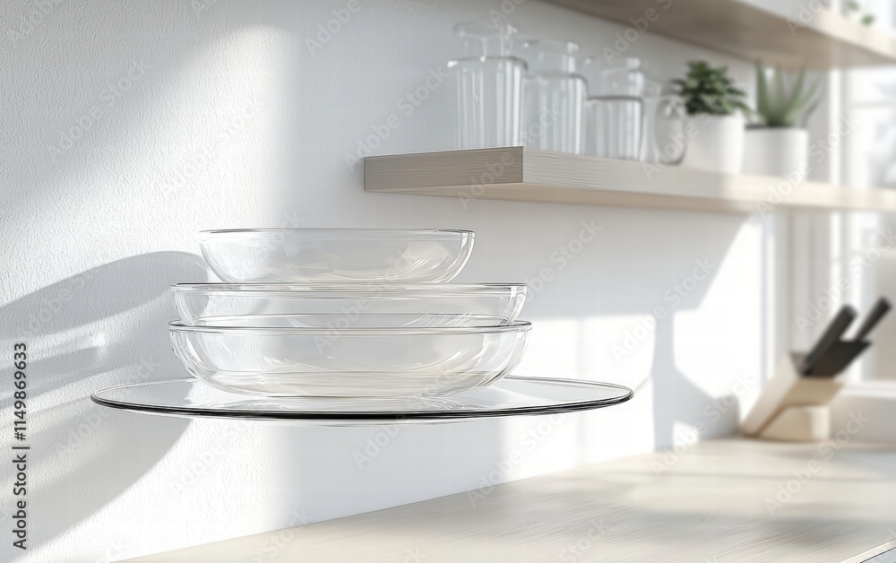 Modern glass plates hovering in a bright, minimalist kitchen setting Modern glass plates hovering in a bright, minimalist kitchen setting