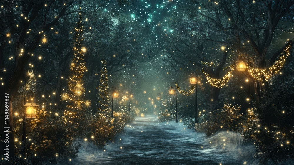Naklejka premium A magical PNG Christmas border featuring a quiet forest path lined with snow-covered trees and glowing lanterns.