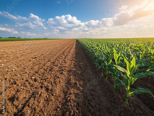 Beautiful cornfield landscape during sunny weather with clear skies and fresh soil