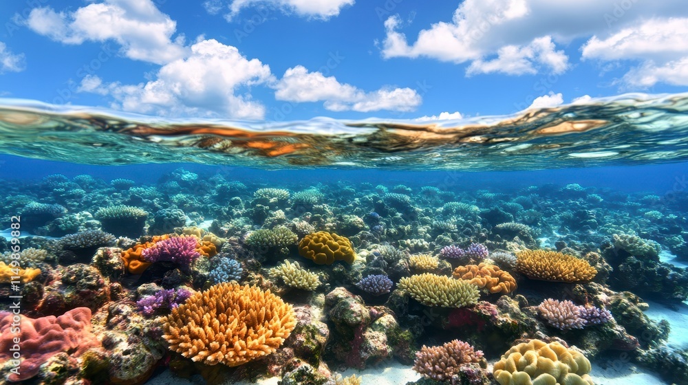 Obraz premium A vibrant underwater scene showcasing colorful coral reefs beneath a clear blue sky, highlighting marine biodiversity and natural beauty.