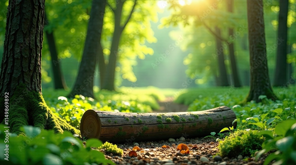 Serene woodland path with mossy log, sunlit trees, and verdant ground cover Serene woodland path with mossy log, sunlit trees, and verdant ground cover