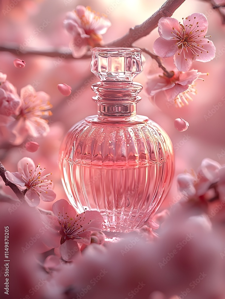 A pink perfume bottle mockup with cherry blossoms and falling petals on a pastel background, perfect for spring themes A pink perfume bottle mockup with cherry blossoms and falling petals on a pastel background, perfect for spring themes
