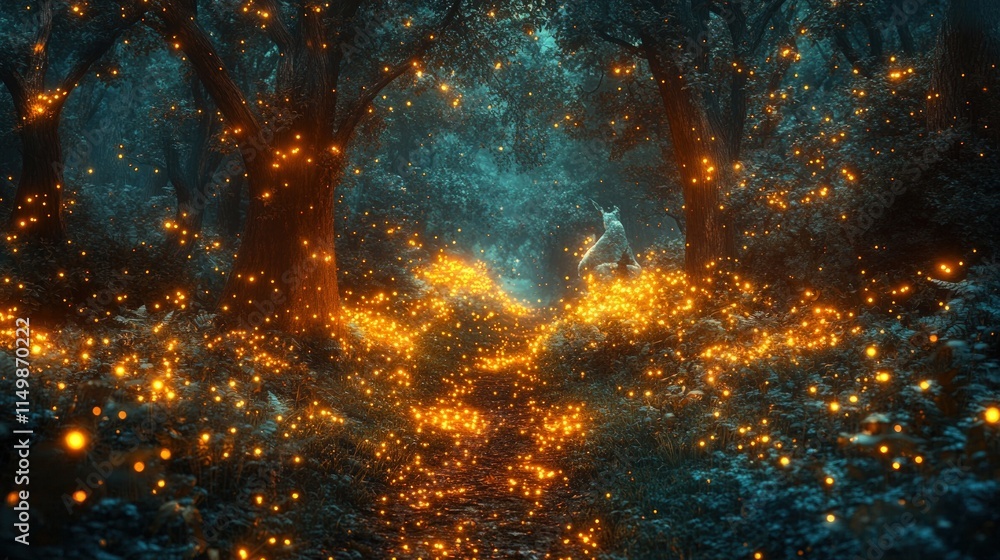 Enchanted forest path, glowing fireflies. Enchanted forest path, glowing fireflies.