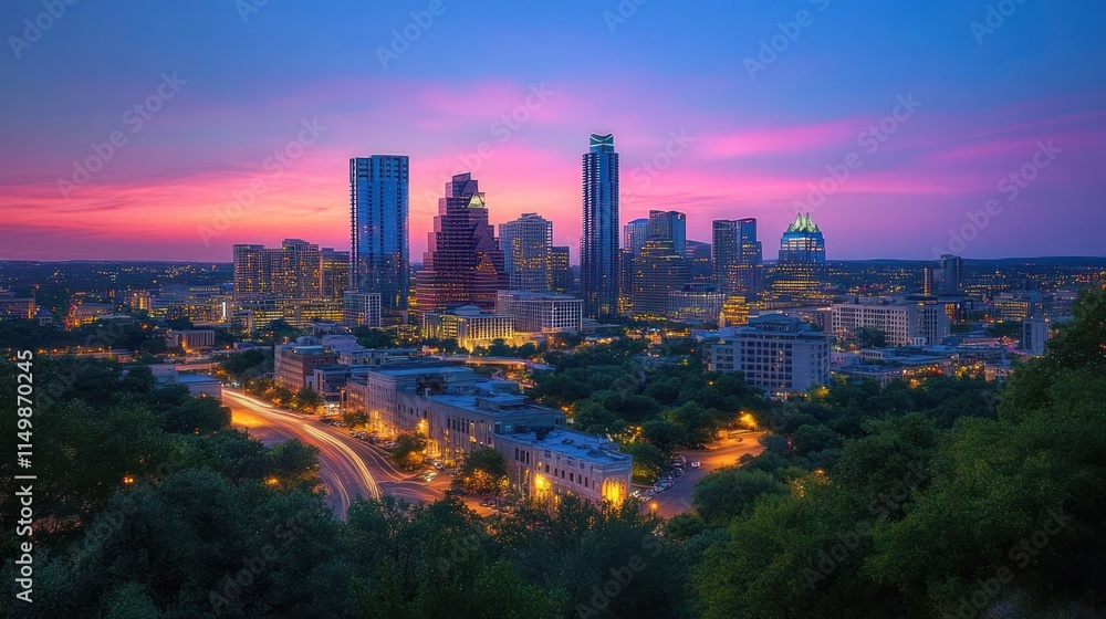 Obraz premium Vibrant sunset over a city skyline with illuminated buildings and roads.