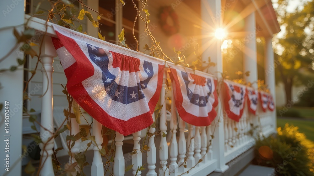 Naklejka premium Porch decorated with American flags and star ornaments