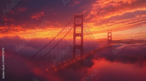 Golden Gate Bridge framed by a fiery sunset sky, its towers blending seamlessly into the glowing hues photo