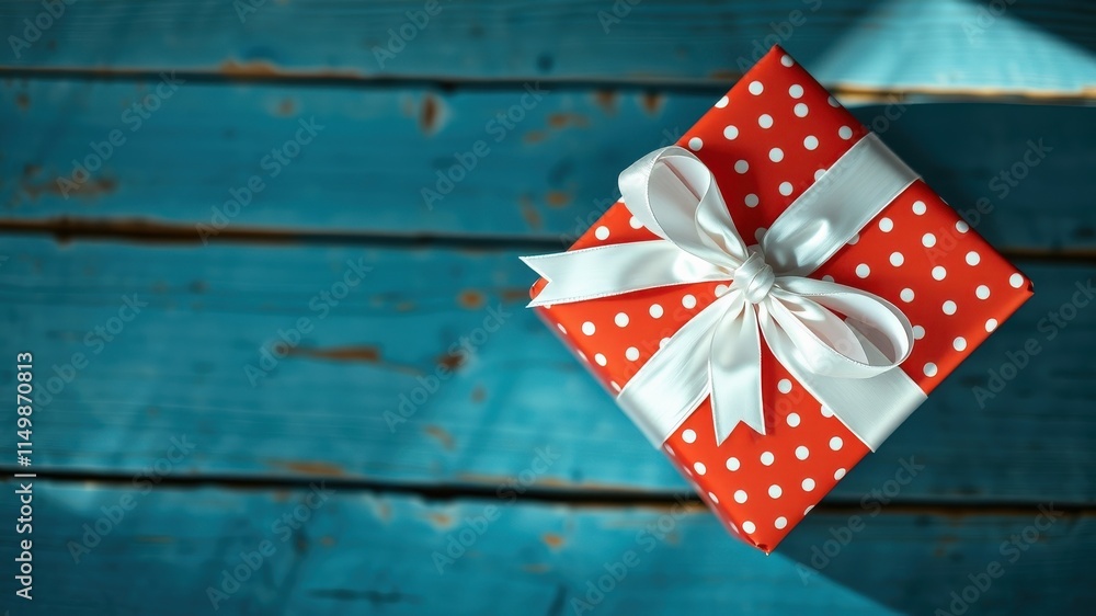Obraz premium A red polka dot present with a white ribbon sits on a rustic blue wooden surface, bathed in sunlight