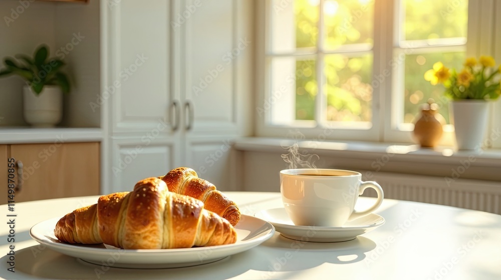 A sunlit morning scene featuring freshly baked croissants and a warm beverage in a white mug, perfect for a relaxing breakfast A sunlit morning scene featuring freshly baked croissants and a warm beverage in a white mug, perfect for a relaxing breakfast