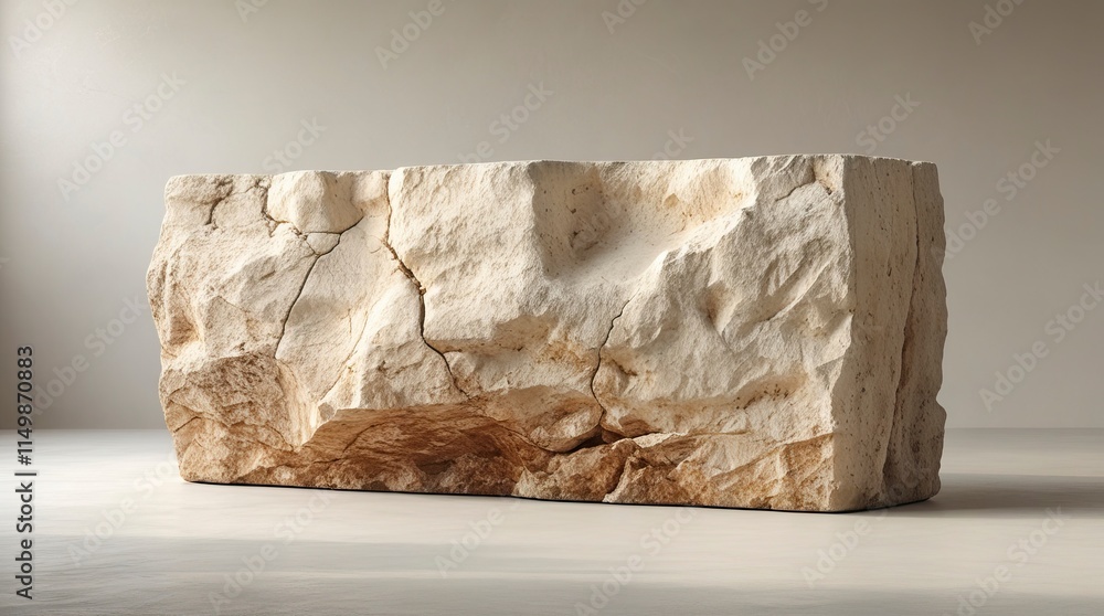 A solitary, imposing limestone block, worn by time, with intricate networks of weathering marks, cracks, and rough, organic textures, showcasing muted, earthy beige tones,generative ai A solitary, imposing limestone block, worn by time, with intricate networks of weathering marks, cracks, and rough, organic textures, showcasing muted, earthy beige tones,generative ai
