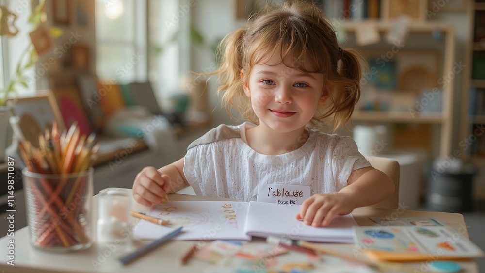 Fototapeta premium Young girl smiling while drawing at a bright study desk