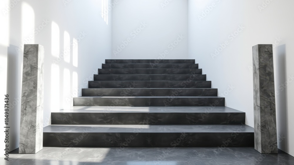 Modern minimalist interior staircase with dark stone steps and light gray pillars Modern minimalist interior staircase with dark stone steps and light gray pillars
