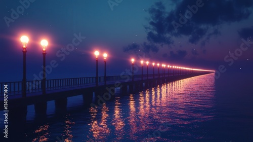 bridge with light bulb poles, the gentle light reflecting off the water as the night sky deepens, creating a calming atmosphere by the sea photo