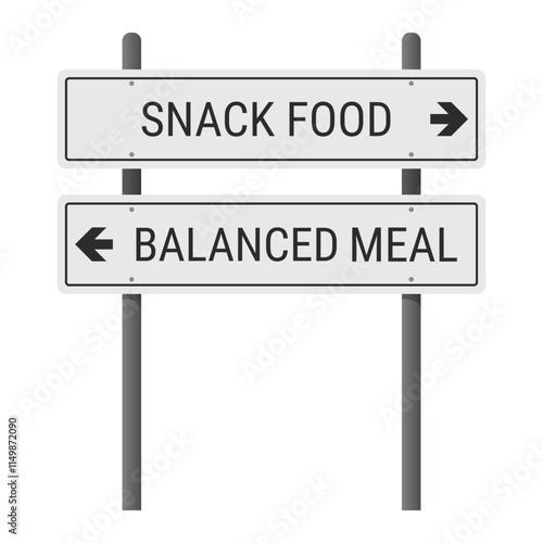 Conceptual road intersection sign representing the choice between a snack or a balanced meal. Vector illustration isolated on white