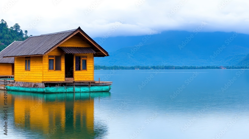 A vibrant yellow house floats on serene waters, surrounded by lush mountains under a cloudy sky, creating a picturesque lakeside scene. A vibrant yellow house floats on serene waters, surrounded by lush mountains under a cloudy sky, creating a picturesque lakeside scene.