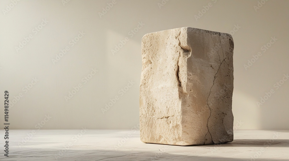 A solitary, imposing limestone block, worn by time, with intricate networks of weathering marks, cracks, and rough, organic textures, showcasing muted, earthy beige tones,generative ai A solitary, imposing limestone block, worn by time, with intricate networks of weathering marks, cracks, and rough, organic textures, showcasing muted, earthy beige tones,generative ai