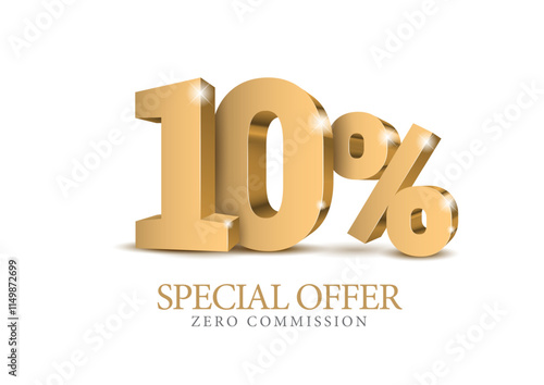 10 percent number. Ten number in gold 3d. Poster template for discount, sale discount, work progress. Vector illustration