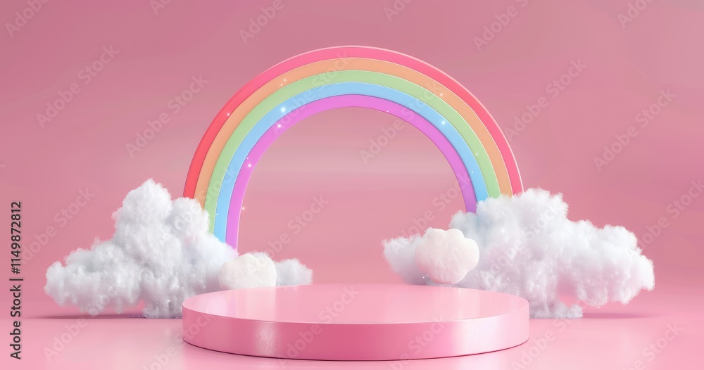 A whimsical scene featuring a colorful rainbow and fluffy clouds against a pink backdrop. A whimsical scene featuring a colorful rainbow and fluffy clouds against a pink backdrop.