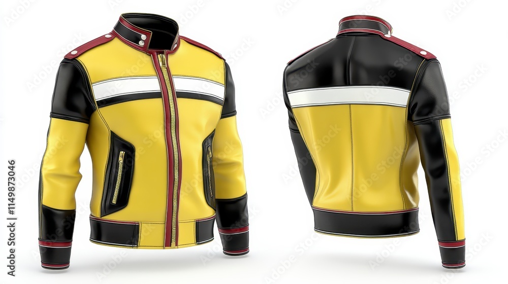 Naklejka premium A stylish yellow and black leather jacket featuring a modern design, showcasing front and back views, perfect for bikers and fashion enthusiasts.