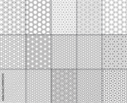 Gray seamless polygonal pattern in arabian style. From circles of stars and polygons. Vector illustration.