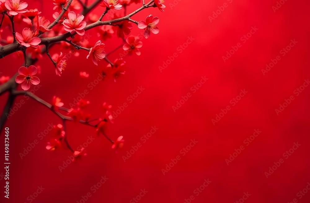 Chinese New Year. Copy space, background with sakura flowers on red background, holiday card Chinese New Year. Copy space, background with sakura flowers on red background, holiday card