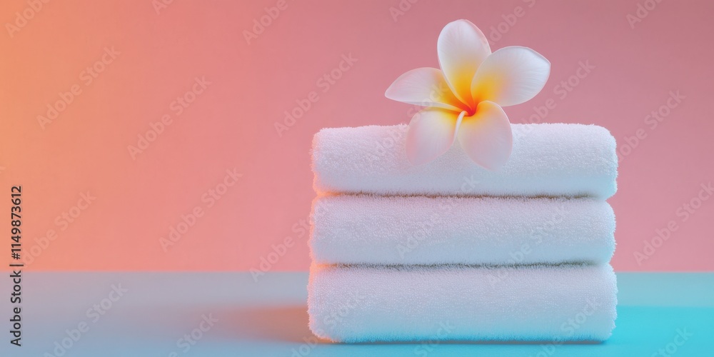 Stack Of Soft White Towels With Tropical Flower Against Colorful Gradient Background Stack Of Soft White Towels With Tropical Flower Against Colorful Gradient Background
