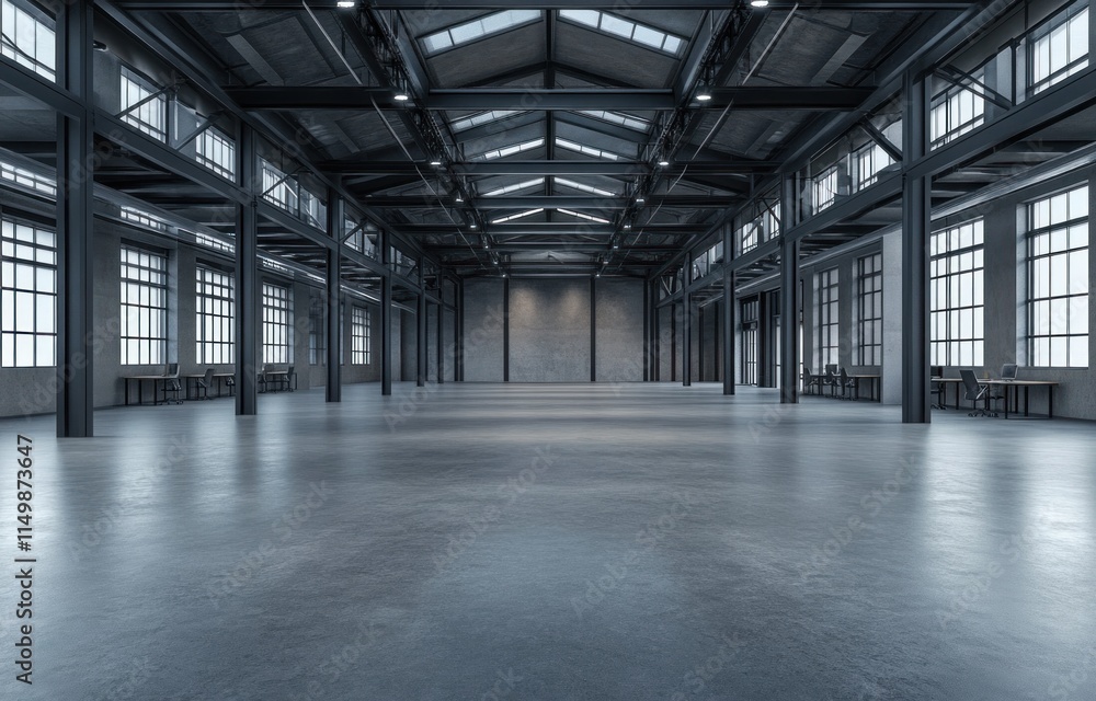 Spacious industrial interior with high ceilings, large windows, and concrete floor. Spacious industrial interior with high ceilings, large windows, and concrete floor.