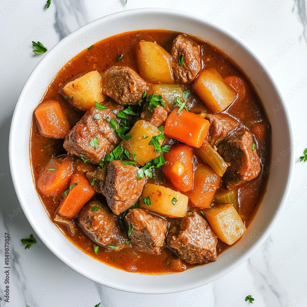 A comforting bowl of beef and vegetable stew with tender chunks of meat and hearty vegetables, served in a white dish, Beef stew centered A comforting bowl of beef and vegetable stew with tender chunks of meat and hearty vegetables, served in a white dish, Beef stew centered