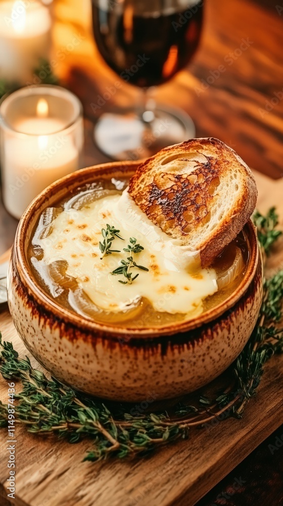 French onion soup with toasted bread, melted cheese, and thyme in rustic bowl